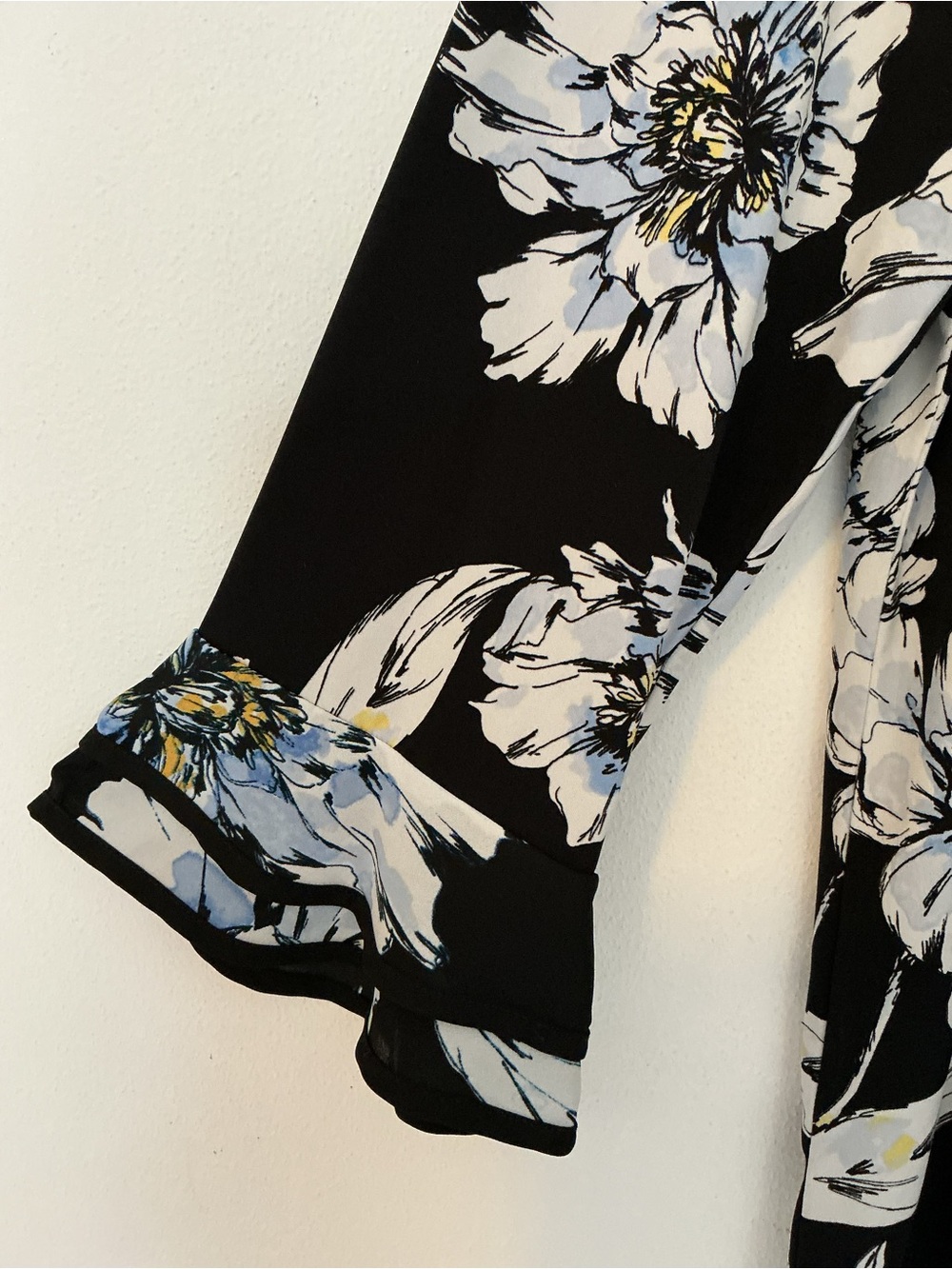 Karl Lagerfeld Black Floral Bell-Sleeve Top with White and Blue Blooms - Picture 5 of 11
